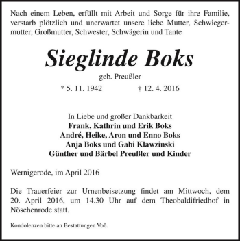 Traueranzeige von Sieglinde Boks (geb. Preußler)  von Magdeburger Volksstimme