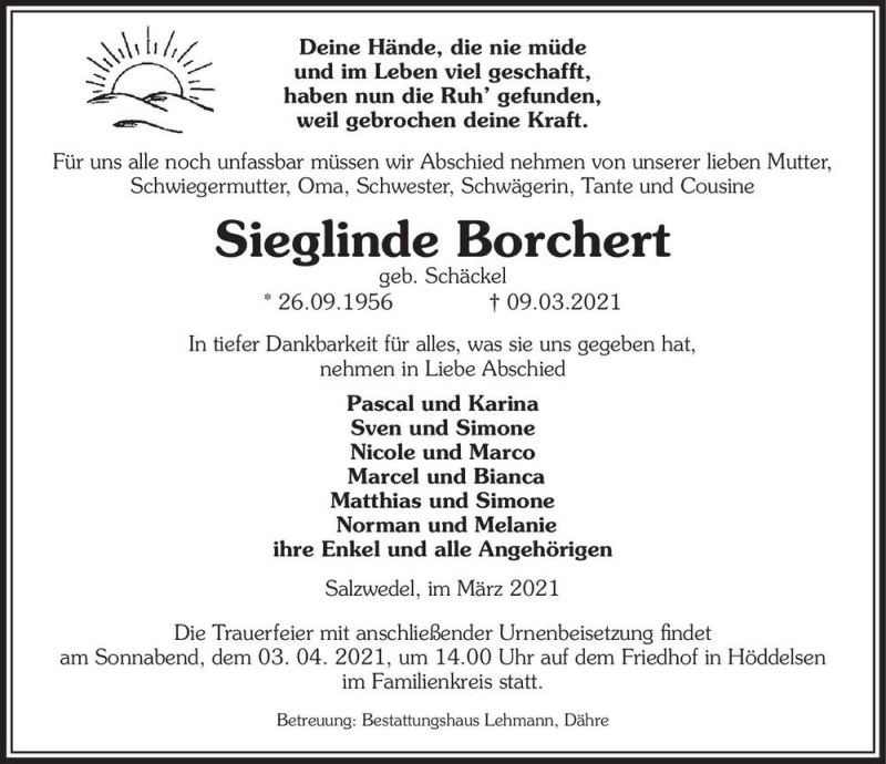  Traueranzeige für Sieglinde Borchert (geb. Schäckel)  vom 12.03.2021 aus Magdeburger Volksstimme