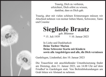 Traueranzeige von Sieglinde Braatz (geb. Blümer)  von Magdeburger Volksstimme