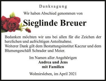 Traueranzeige von Sieglinde Breuer  von Magdeburger Volksstimme