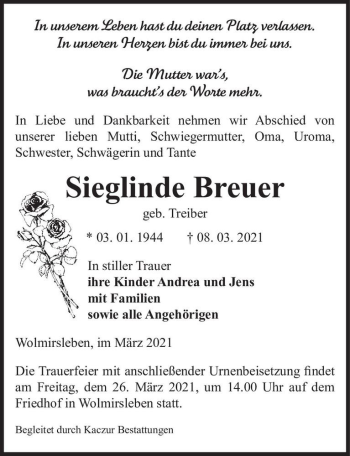 Traueranzeige von Sieglinde Breuer (geb. Treiber)  von Magdeburger Volksstimme