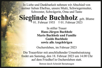 Traueranzeige von Sieglinde Buchholz (geb. Blume)  von Magdeburger Volksstimme
