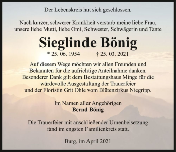 Traueranzeige von Sieglinde Bönig  von Magdeburger Volksstimme