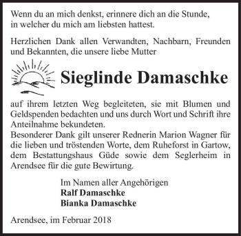 Traueranzeige von Sieglinde Damaschke  von Magdeburger Volksstimme