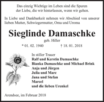 Traueranzeige von Sieglinde Damaschke (geb. Hiller)  von Magdeburger Volksstimme