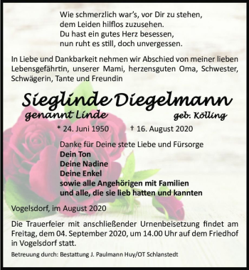 Traueranzeige von Sieglinde Diegelmann 