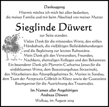 Traueranzeige von Sieglinde Düwert  von Magdeburger Volksstimme