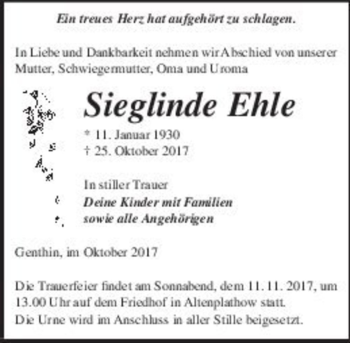 Traueranzeige von Sieglinde Ehle  von Magdeburger Volksstimme
