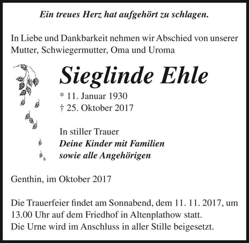  Traueranzeige für Sieglinde Ehle  vom 04.11.2017 aus Magdeburger Volksstimme