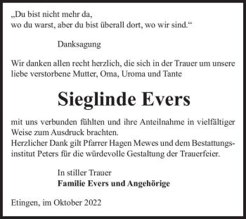 Traueranzeige von Sieglinde Evers  von Magdeburger Volksstimme