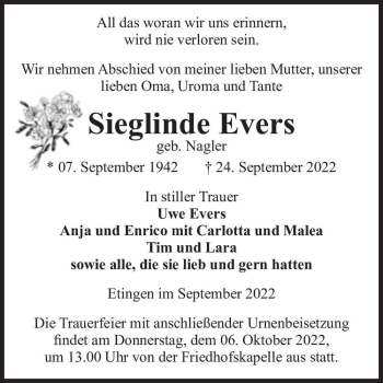 Traueranzeige von Sieglinde Evers (geb. Nagler)  von Magdeburger Volksstimme