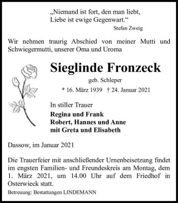 Traueranzeige von Sieglinde Fronzeck (geb. Schleper)  von Magdeburger Volksstimme