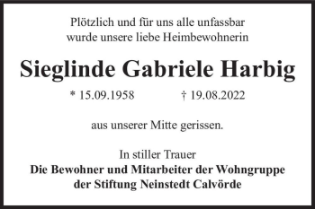Traueranzeige von Sieglinde Gabriele Harbig  von Magdeburger Volksstimme