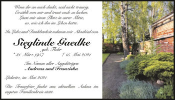 Traueranzeige von Sieglinde Gaedke (geb. Flohr)  von Magdeburger Volksstimme