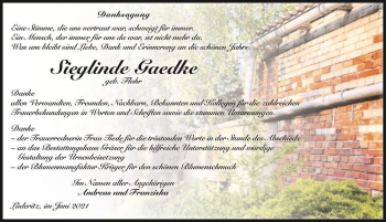 Traueranzeige von Sieglinde Gaedke (geb. Flohr)  von Magdeburger Volksstimme