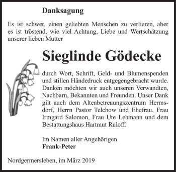 Traueranzeige von Sieglinde Gödecke  von Magdeburger Volksstimme