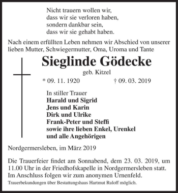 Traueranzeige von Sieglinde Gödecke (geb. Kitzel)  von Magdeburger Volksstimme
