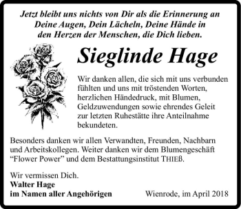 Traueranzeige von Sieglinde Hage  von Magdeburger Volksstimme