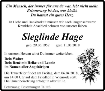 Traueranzeige von Sieglinde Hage  von Magdeburger Volksstimme