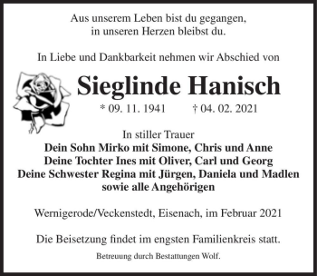 Traueranzeige von Sieglinde Hanisch  von Magdeburger Volksstimme