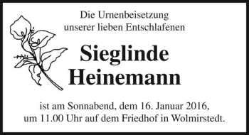 Traueranzeige von Sieglinde Heinemann  von Magdeburger Volksstimme