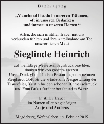 Traueranzeige von Sieglinde Heinrich  von Magdeburger Volksstimme