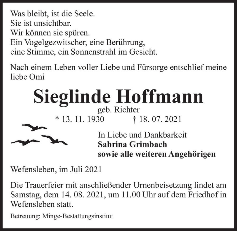  Traueranzeige für Sieglinde Hoffmann (geb. Richter)  vom 23.07.2021 aus Magdeburger Volksstimme