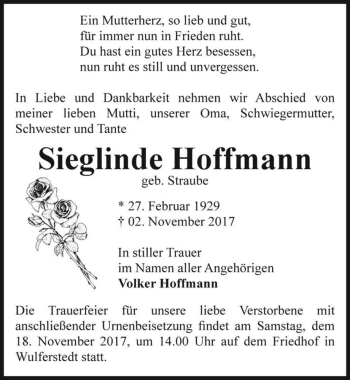 Traueranzeige von Sieglinde Hoffmann  (geb. Straube)  von Magdeburger Volksstimme