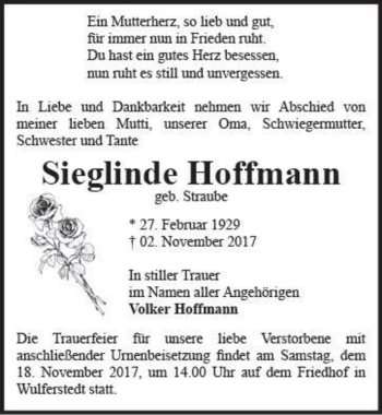 Traueranzeige von Sieglinde Hoffmann (geb. Straube)  von Magdeburger Volksstimme