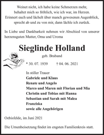 Traueranzeige von Sieglinde Holland (geb. Braband)  von Magdeburger Volksstimme