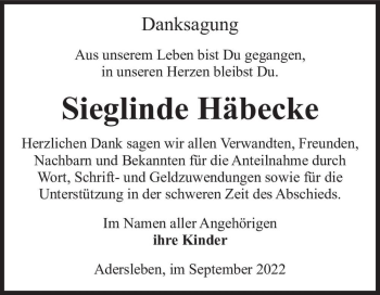 Traueranzeige von Sieglinde Häbecke  von Magdeburger Volksstimme