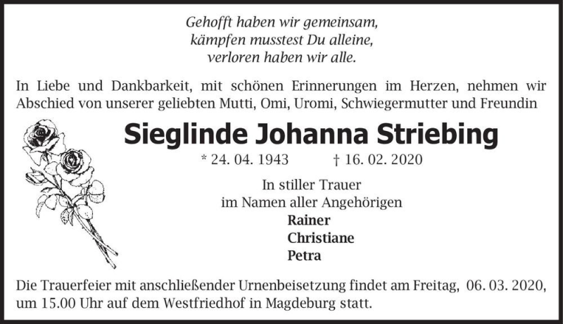  Traueranzeige für Sieglinde Johanna Stiebing  vom 22.02.2020 aus Magdeburger Volksstimme