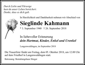 Traueranzeige von Sieglinde Kahmann  von Magdeburger Volksstimme