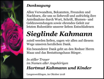 Traueranzeige von Sieglinde Kahmann  von Magdeburger Volksstimme