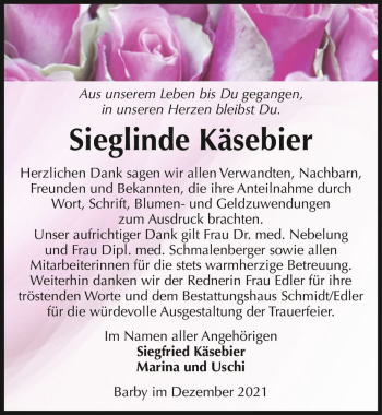 Traueranzeige von Sieglinde Käsebier  von Magdeburger Volksstimme