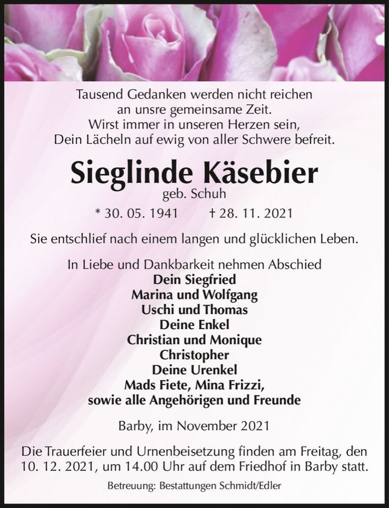 Traueranzeige für Sieglinde Käsebier (geb. Schuh)  vom 04.12.2021 aus Magdeburger Volksstimme