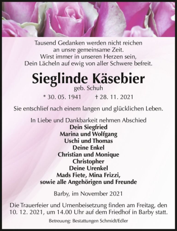 Traueranzeige von Sieglinde Käsebier (geb. Schuh)  von Magdeburger Volksstimme