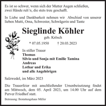 Traueranzeige von Sieglinde Köhler (geb. Krösch)  von Magdeburger Volksstimme