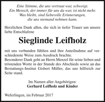 Traueranzeige von Sieglinde Leifholz  von Magdeburger Volksstimme