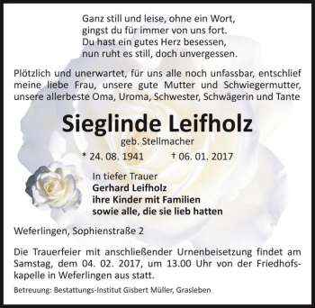 Traueranzeige von Sieglinde Leifholz (geb. Stellmacher)  von Magdeburger Volksstimme
