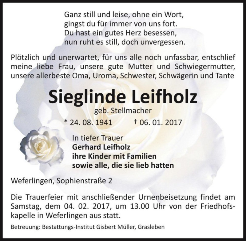  Traueranzeige für Sieglinde Leifholz (geb. Stellmacher)  vom 17.01.2017 aus Magdeburger Volksstimme