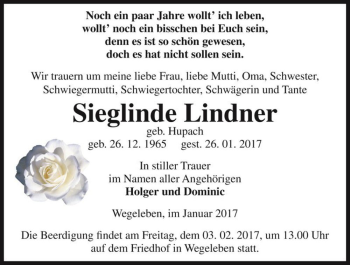 Traueranzeige von Sieglinde Lindner (geb. Hupach)  von Magdeburger Volksstimme