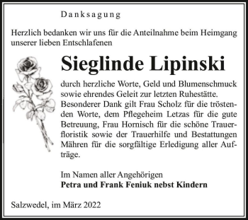 Traueranzeige von Sieglinde Lipinski  von Magdeburger Volksstimme