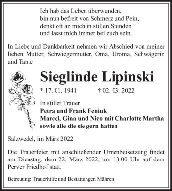 Traueranzeige von Sieglinde Lipinski  von Magdeburger Volksstimme