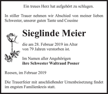 Traueranzeige von Sieglinde Meier  von Magdeburger Volksstimme