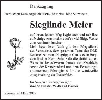 Traueranzeige von Sieglinde Meier  von Magdeburger Volksstimme