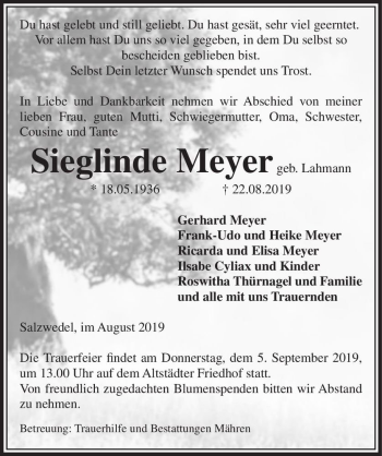 Traueranzeige von Sieglinde Meyer (geb. Lahmann)  von Magdeburger Volksstimme