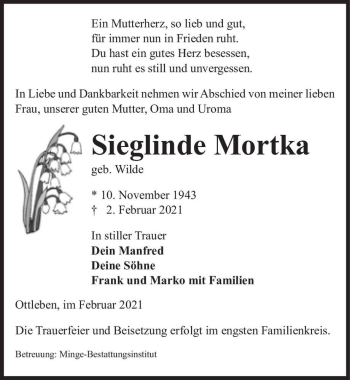 Traueranzeige von Sieglinde Mortka (geb. Wilde)  von Magdeburger Volksstimme