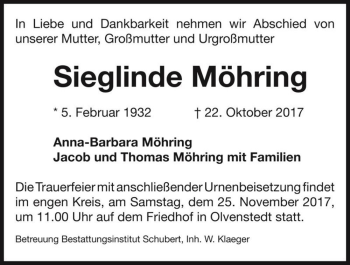 Traueranzeige von Sieglinde Möhring  von Magdeburger Volksstimme