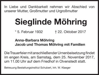 Traueranzeige von Sieglinde Möhring  von Magdeburger Volksstimme